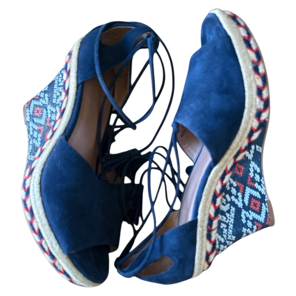 Cabi #6001 Navy Isla Suede‎ Wedge Espadrille Sandals Ankle Wrap Tassel 8 Aztec